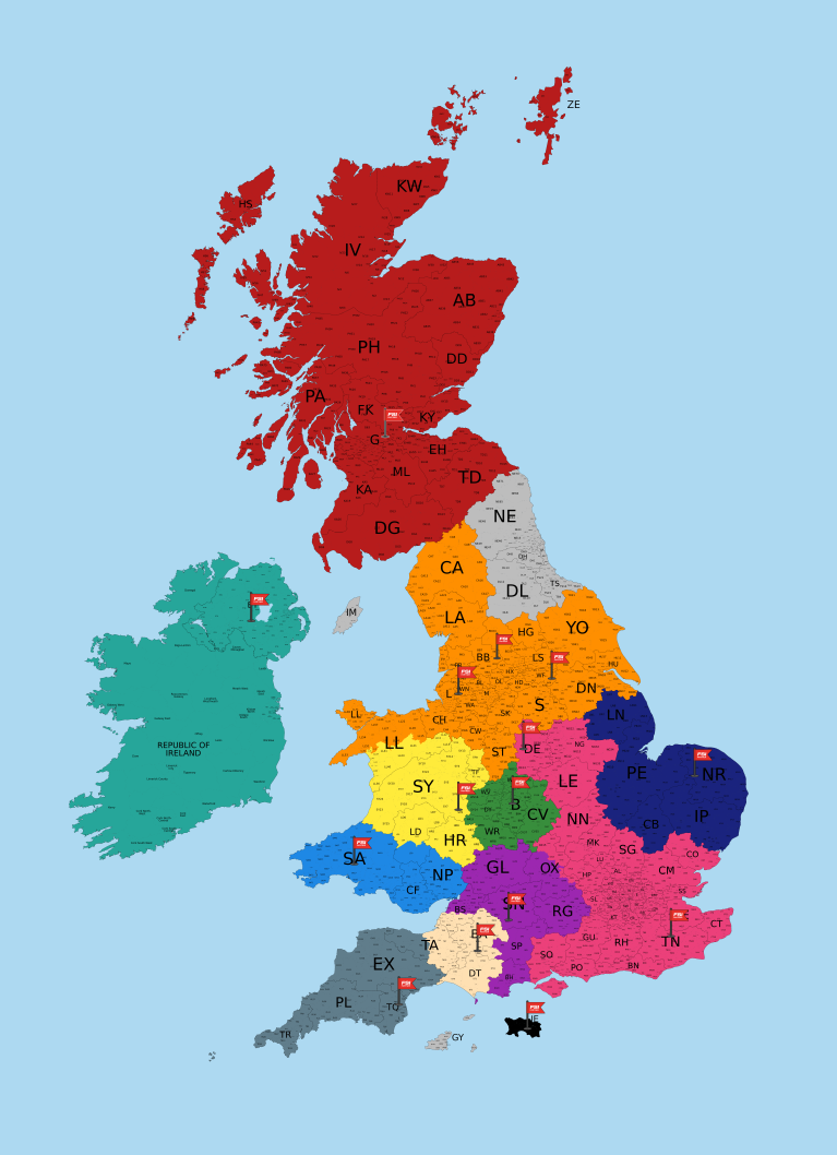 Dealer map 03-25 with markers – flag_edt Map showing the areas of FSI UK partners